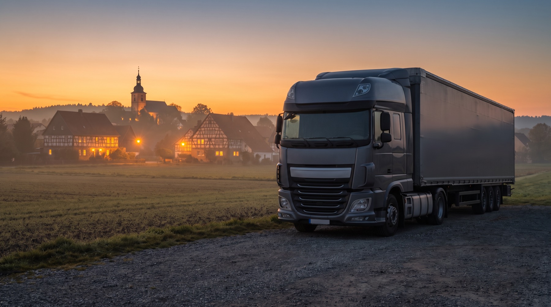 Sattelzug abends auf einem Platz am Dorfrand, dahinter beleuchtete Häuser