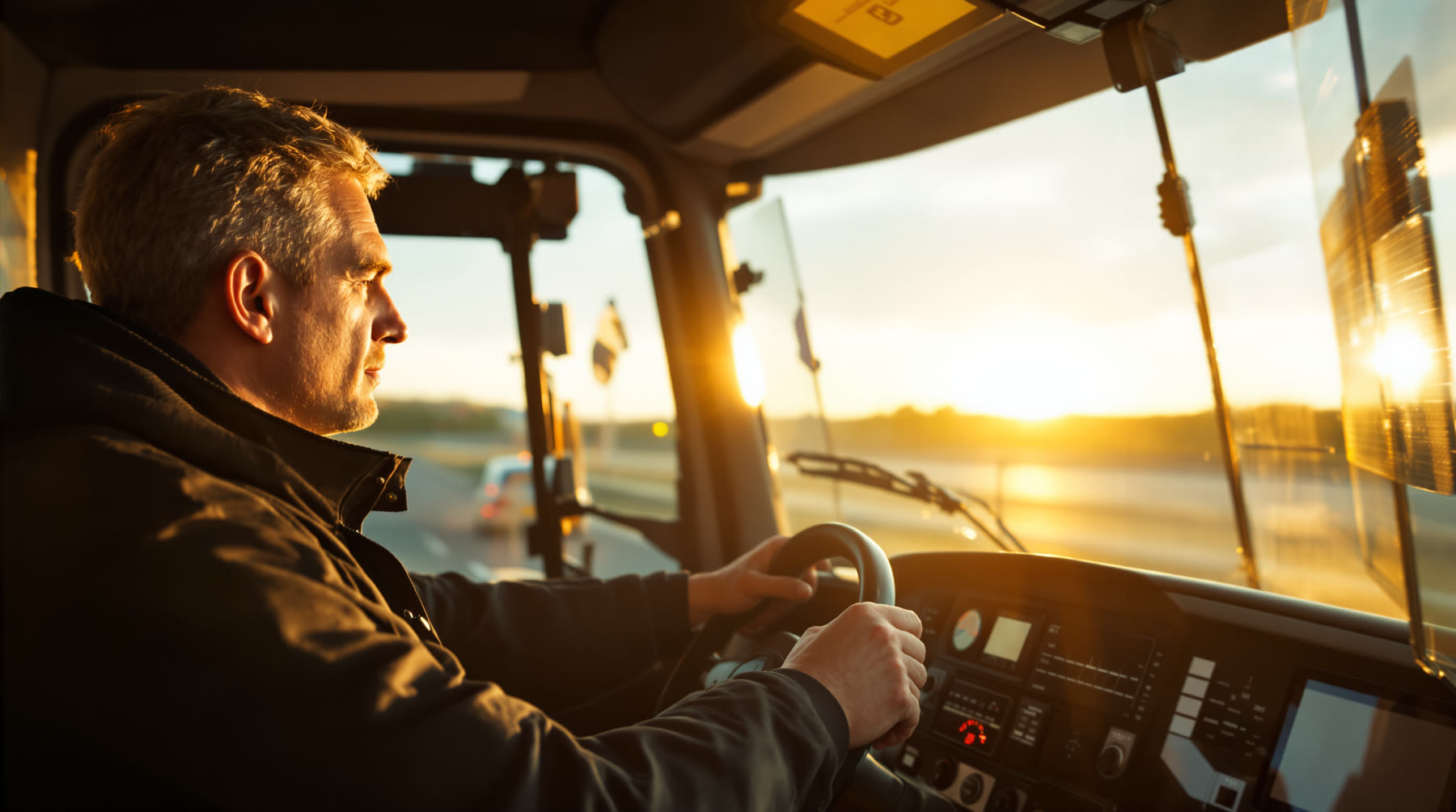 Fahrer im Profil am Lenkrad eines Fernverkehr-LKW, von der Beifahrerseite gesehen, tief stehende Sonne fällt durch die Frontscheibe