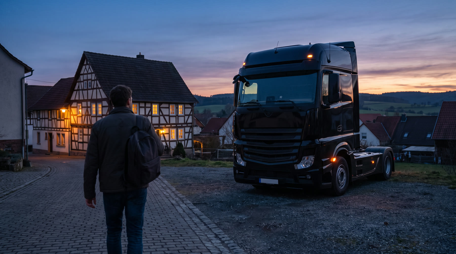 Fahrer mit Rucksack geht in der Dämmerung durch ein Dorf auf ein beleuchtetes Fachwerkhaus zu, sein Sattelzug parkt im Hintergrund